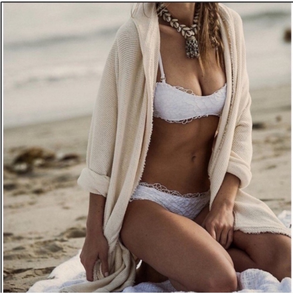 Free People Big Chill Cardigan Cream Hood Waffle Snap Sweater Jacket Size Medium - Picture 2 of 16